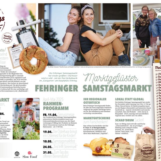 Bild einer Zeitschriftenseite über den Fehringer Samstagsmarkt, mit einer Frau, die eine Brezel hält, einer Liste von Marktdaten und Veranstaltungen sowie einer Collage verschiedener Lebensmittel und Marktartikel.