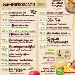 Plakat, das den Zeitplan für den Samstagsmarkt 2025 zeigt. Veranstaltungen umfassen musikalische Darbietungen, Kunstmärkte und ein Fest mit lokalen Spezialitäten.