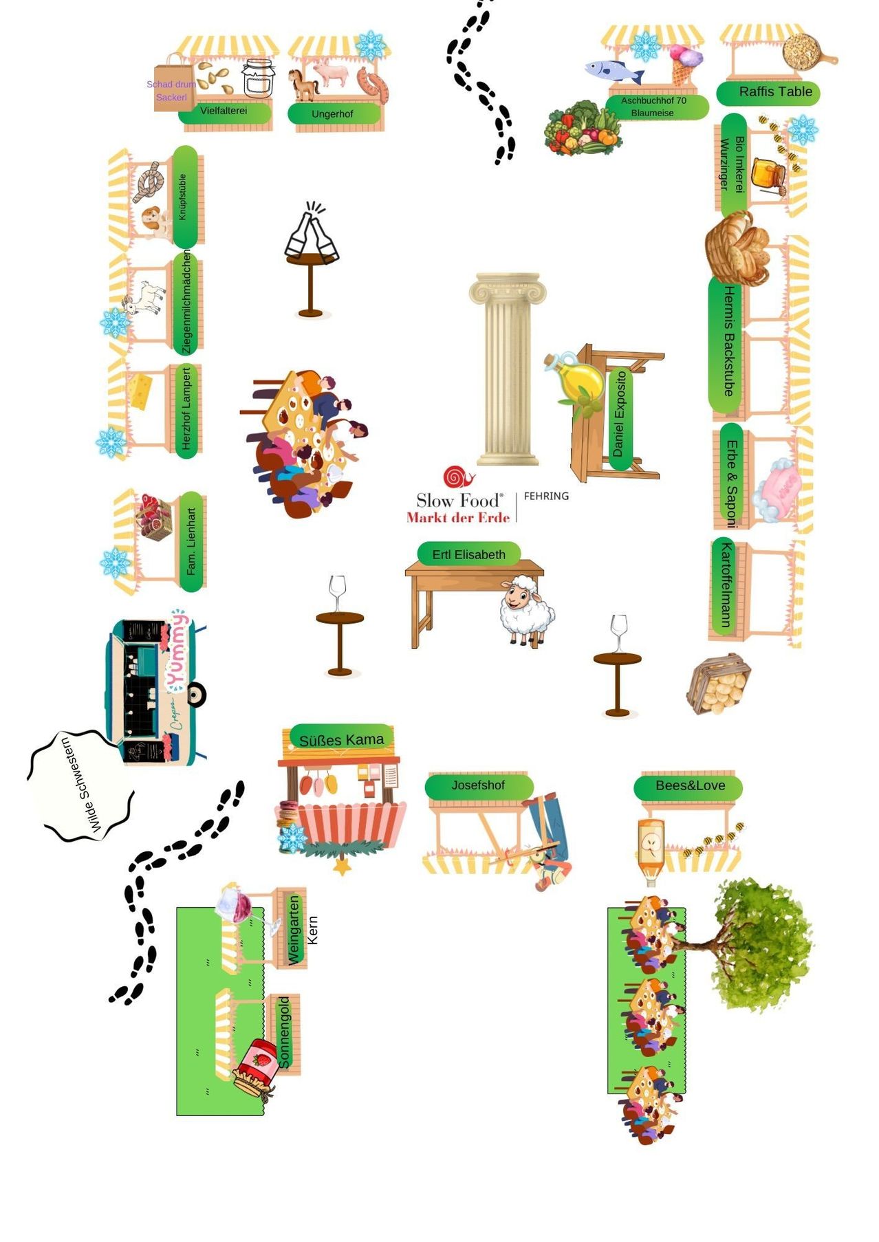 Eine Illustration eines Marktplatzes mit Ständen, Lebensmitteln und Menschen. Stände umfassen 'Slow Food', 'Süßes Kama' und 'Bees&Love'. Zentrale Elemente sind eine Säule, ein Schaf und ein Lebensmittelwagen. Bezeichnungen sind 'Fehring Markt der Erde', 'Ernst Elisabeth' und 'Daniel Exposito'.