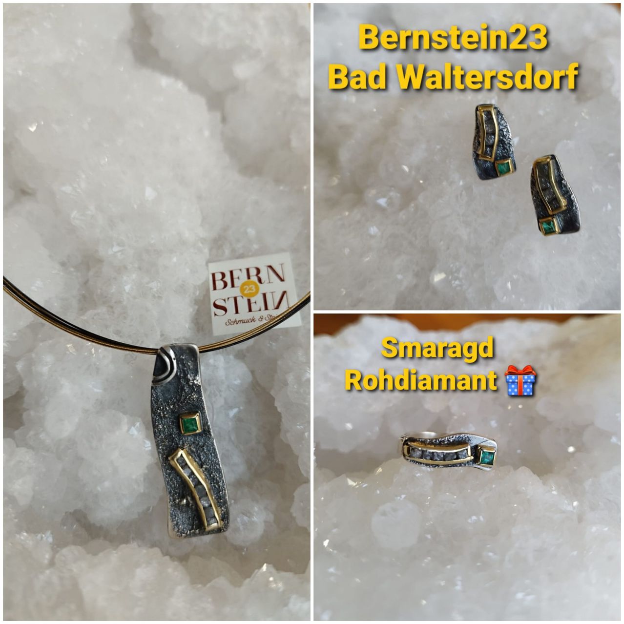 Drei Schmuckstücke werden auf einer weißen Oberfläche gezeigt. Oben links ist eine Halskette, oben rechts ein Paar Ohrringe und unten rechts ein Ring. Jedes Stück hat grüne und schwarze Edelsteine.