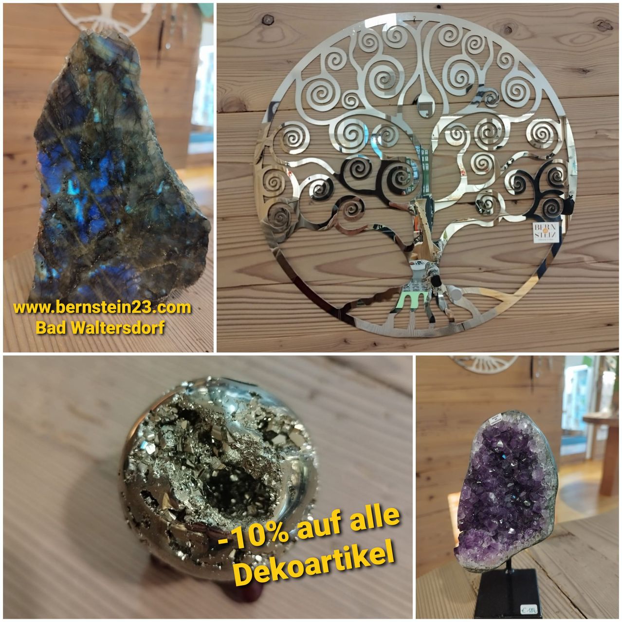 Eine Collage aus drei Bildern zeigt einen Labradorit-Stein, eine silberne Baum-Wandkunst und einen lila Amethyst-Kristall auf einem Sockel. Das erste Bild hat einen Wasserzeichen mit www.bernstein23.com Bad Waltersdorf. Das mittlere Bild zeigt ein Baumdesign mit silbernem Finish. Das letzte Bild zeigt einen lila Kristall auf einem schwarzen Sockel.