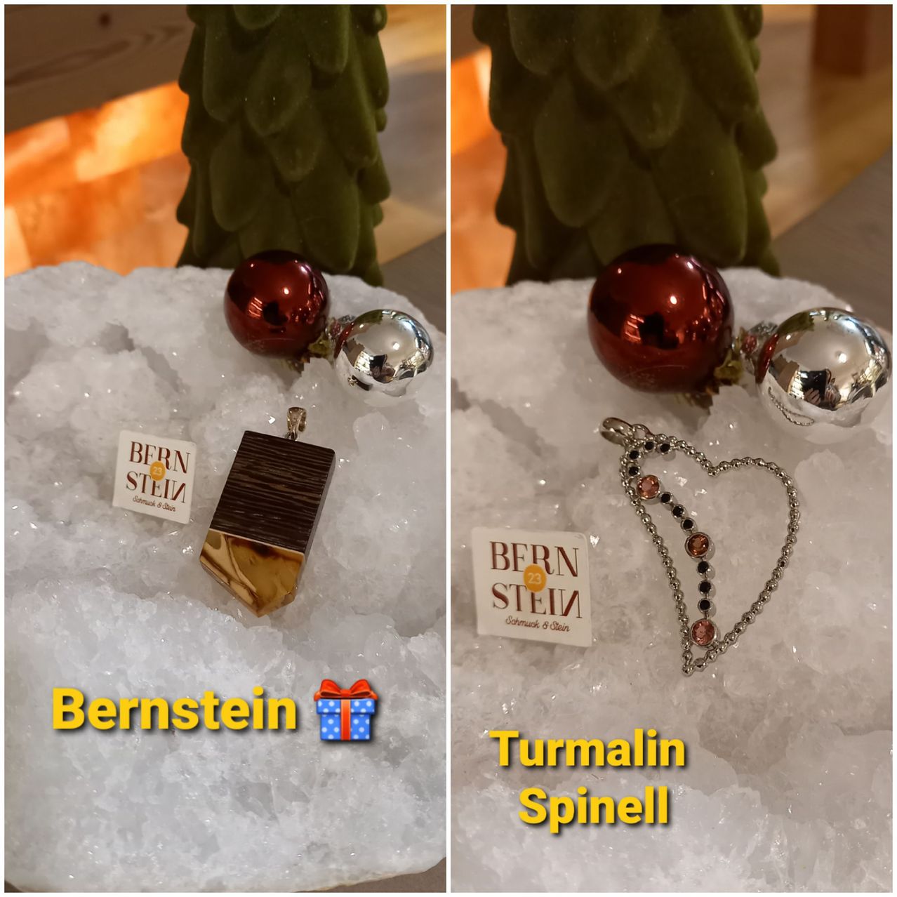 Zwei Bilder zeigen Schmuckstücke. Das erste Bild zeigt einen Bernstein-Schmuck mit einem roten und silbernen Ball und einem Geschenkanhänger. Das zweite Bild zeigt eine Turmalin-Spinell-Halskette, ebenfalls mit einem Geschenkanhänger. Beide Gegenstände sind auf einem verschneiten Hintergrund zu sehen.
