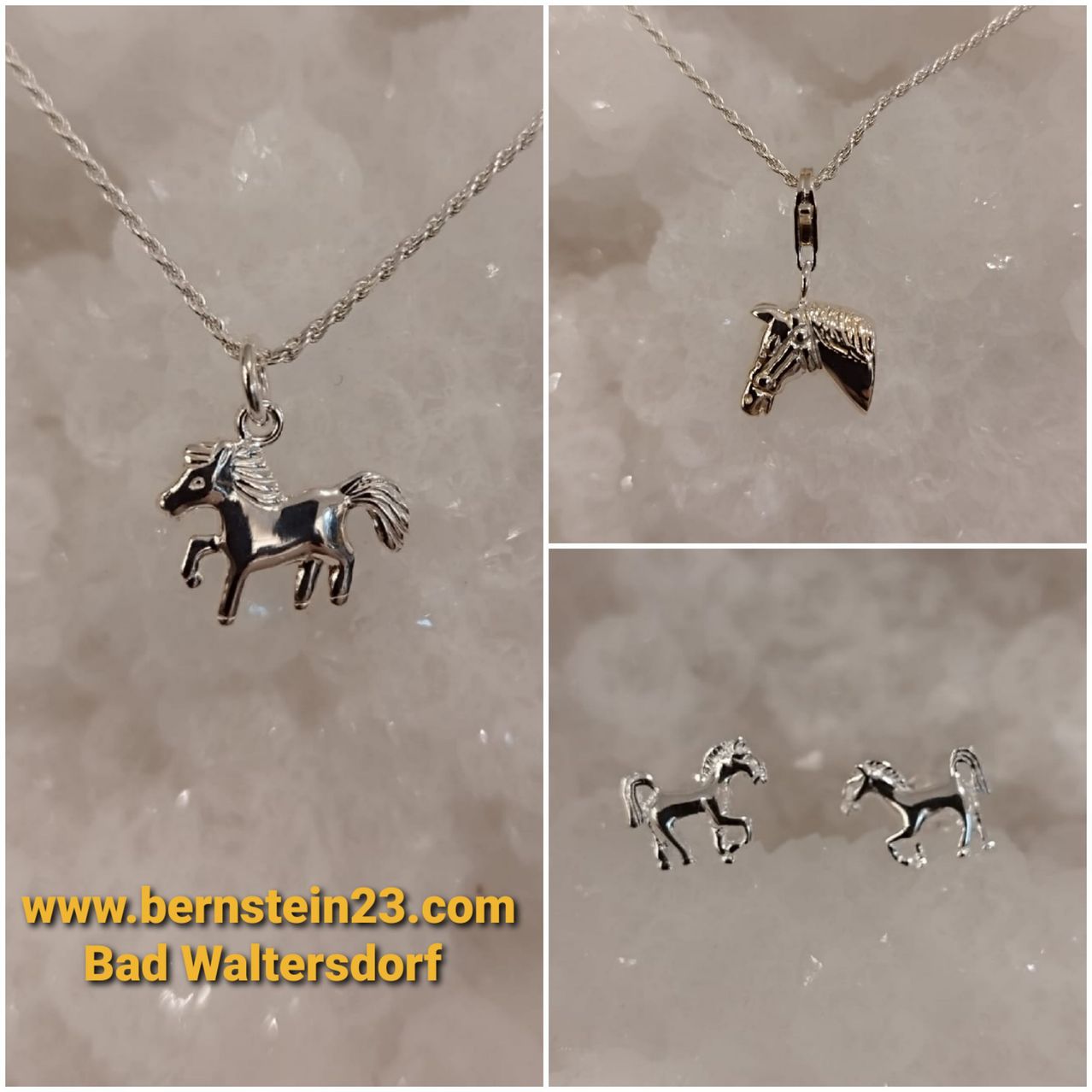 Drei silberne Pferdeanhänger auf einer weißen Oberfläche. Der Hauptanhänger ist ein laufendes Pferd, während die kleineren Pferdeköpfe sind. Die Website ist www.bernstein23.com.