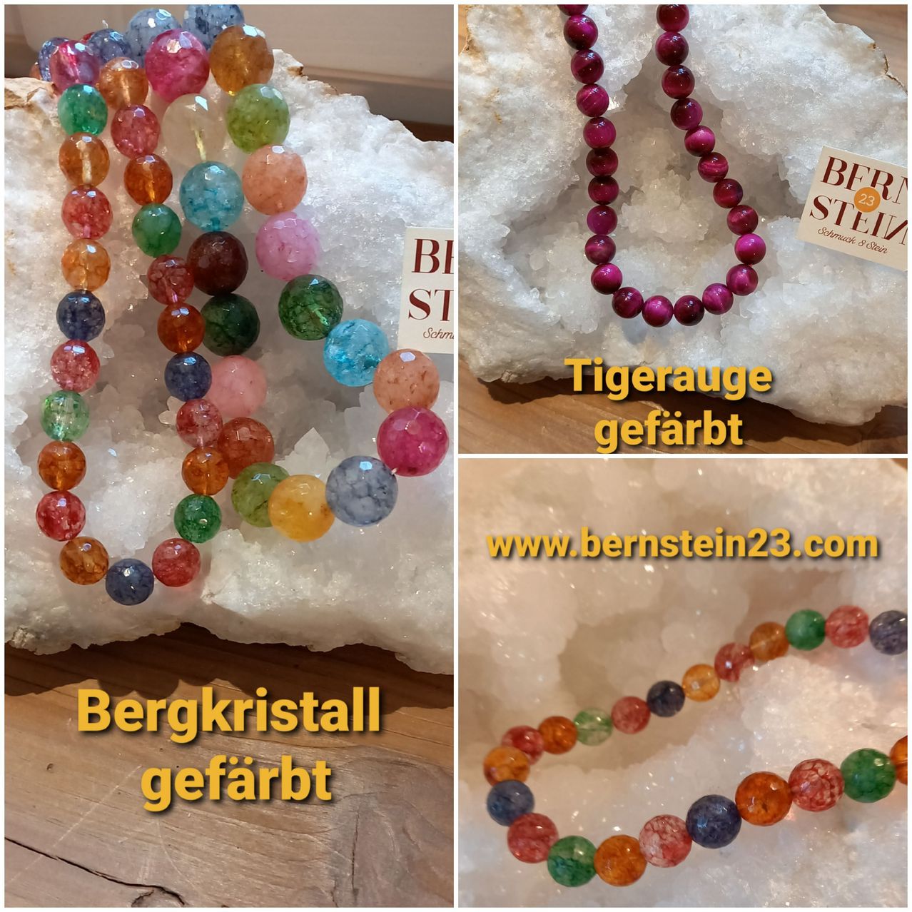 Three images of colorful gemstone bracelets. The first is a bracelet with a variety of colored beads. The second is a necklace with purple beads. The third is another bracelet with colorful beads.