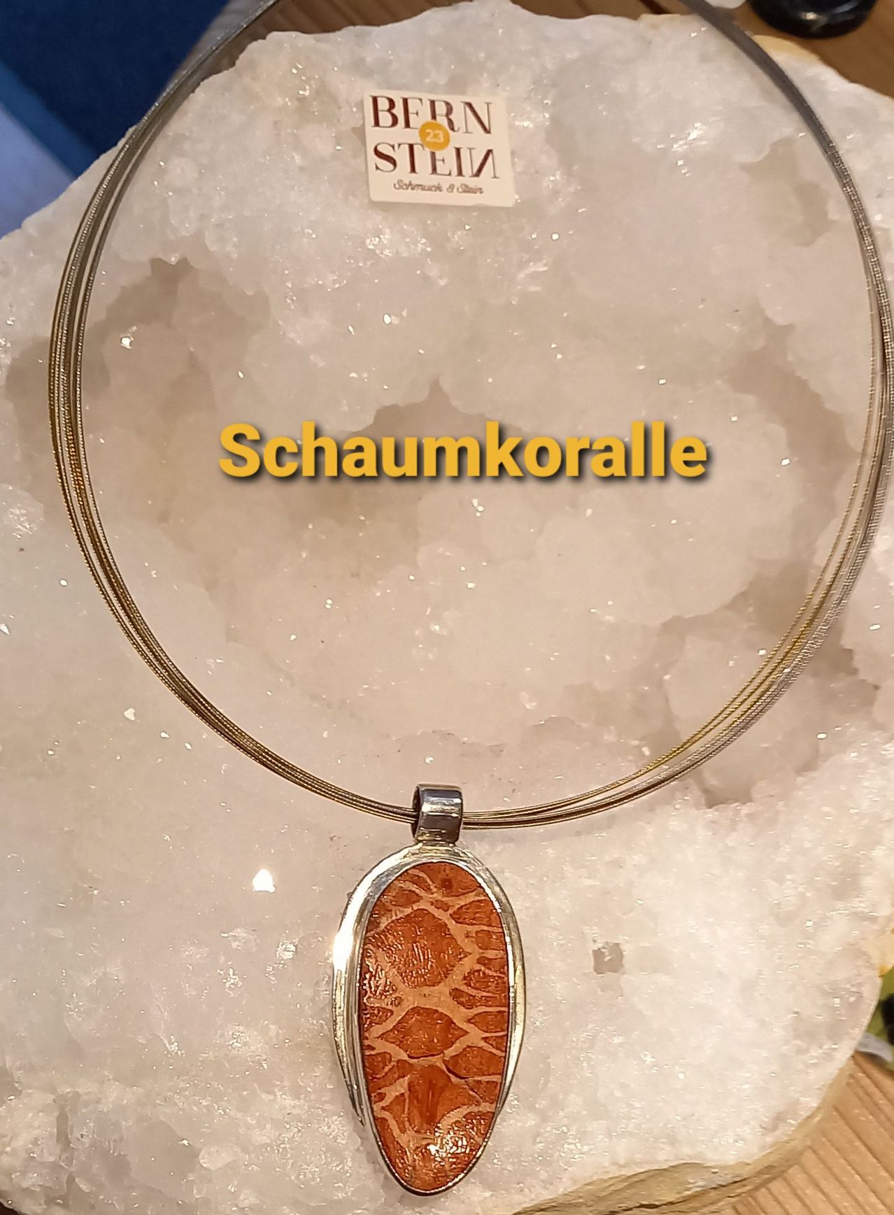 Eine Silberkette mit einem braunen Anhänger auf weißem Hintergrund. Der Anhänger hat eine strukturierte Oberfläche, die an Tierhaut erinnert.
