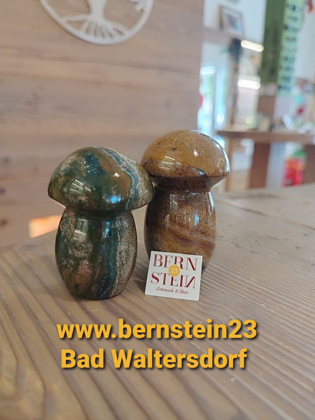 Zwei Keramik-Pilz-Salz- und Pfefferstreuer auf einem Holztisch mit einem Schild, das 'BERN STEIN 23' und eine Website-Adresse zeigt.