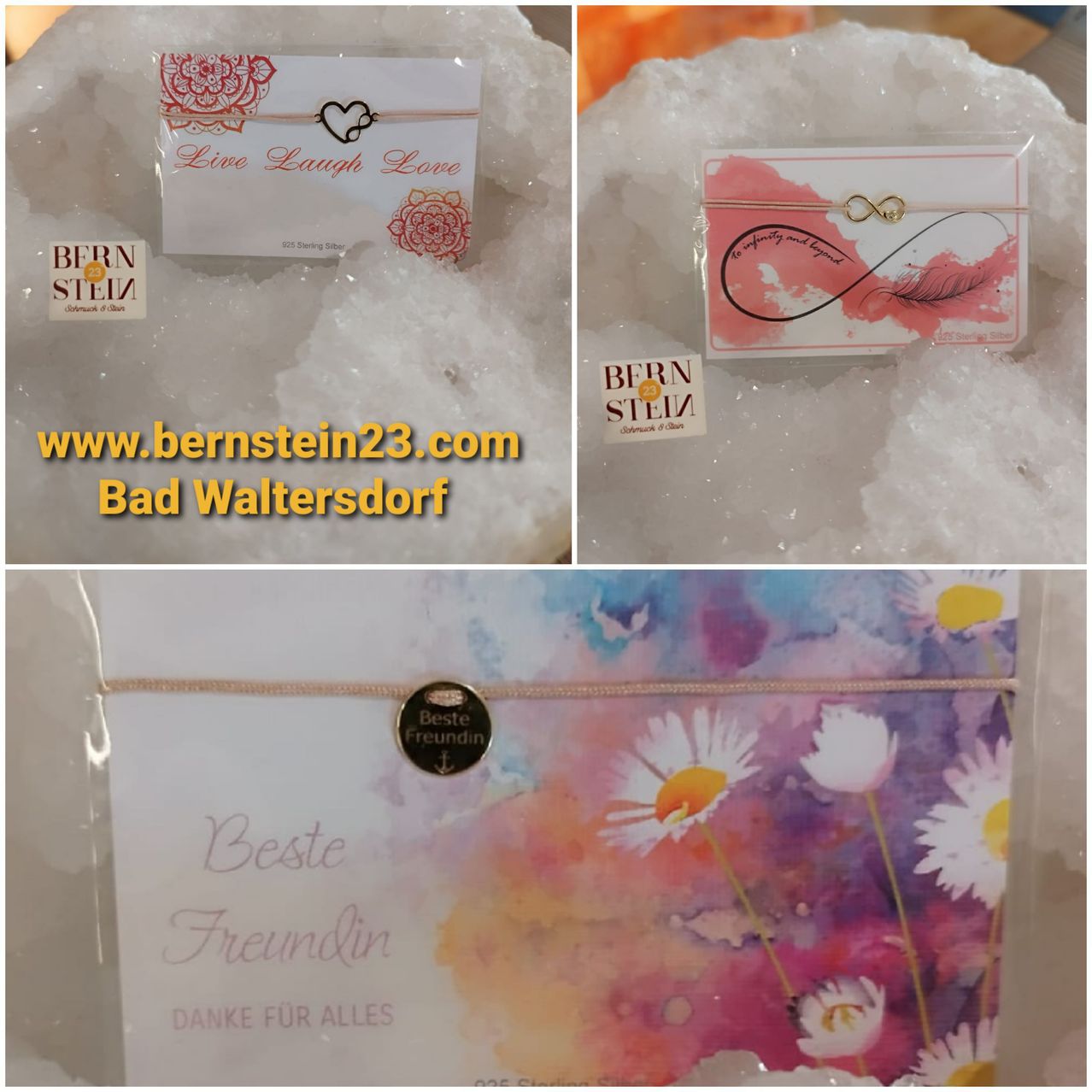 Eine Collage aus drei Bildern, die verschiedene Produkte zeigen. Das Bild oben links zeigt eine Karte mit 'Live Laugh Love' darauf. Das Bild oben rechts zeigt eine Karte mit einem Unendlichkeitssymbol. Das Bild unten zeigt eine Karte mit 'Beste Freundin' und einem Gänseblümchen-Design. Alle Bilder haben einen Wasserzeichen von 'www.bernstein23.com'.