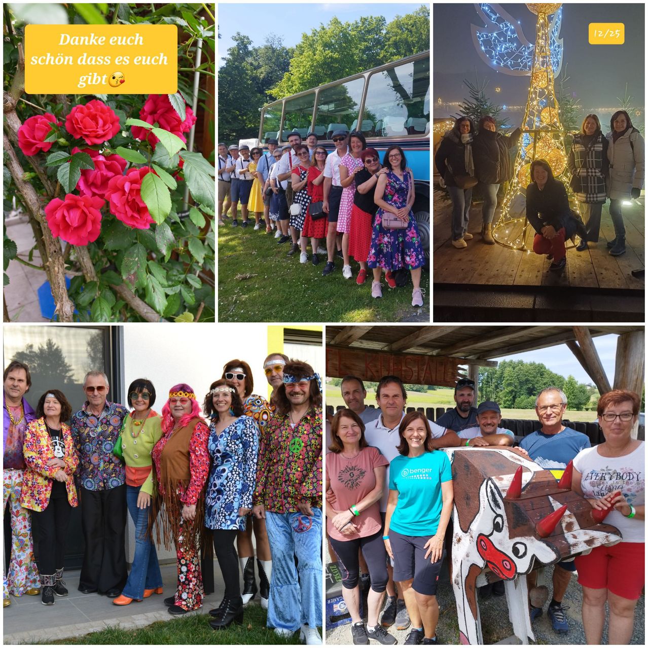 Mehrere Fotos zeigen Menschen in verschiedenen Umgebungen. Eine Collage enthält Rosen, einen Bus, beleuchtete Bäume und eine Kuh. Ein weiteres Foto zeigt eine Gruppe von Menschen in farbenfrohen Outfits.