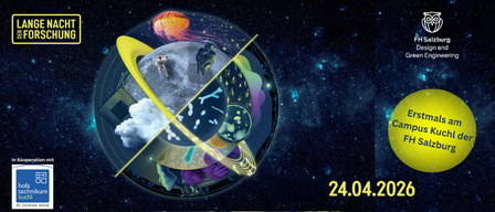 Ein farbenfrohes kreisförmiges Bild von Planeten, Monden und Weltraumobjekten mit einem Astronauten auf dem Mond. Das Bild hat einen gelben Kreis mit Text 'Erst Campus' und Datum '24.04.2026'.