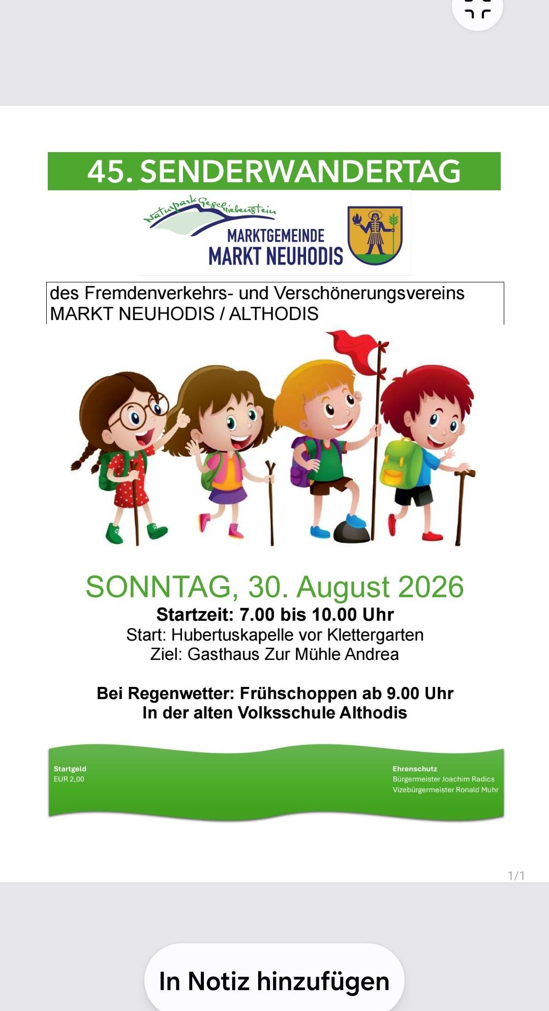 Plakat für eine Kinderwanderungsveranstaltung am 30. August 2026 von 7:00 bis 10:00 Uhr, beginnend bei Hubertuskappe und endend bei Gasthaus Zur Mühle Andrea. Bei Regenwetter findet die Veranstaltung in der alten Volksschule Althodis statt.