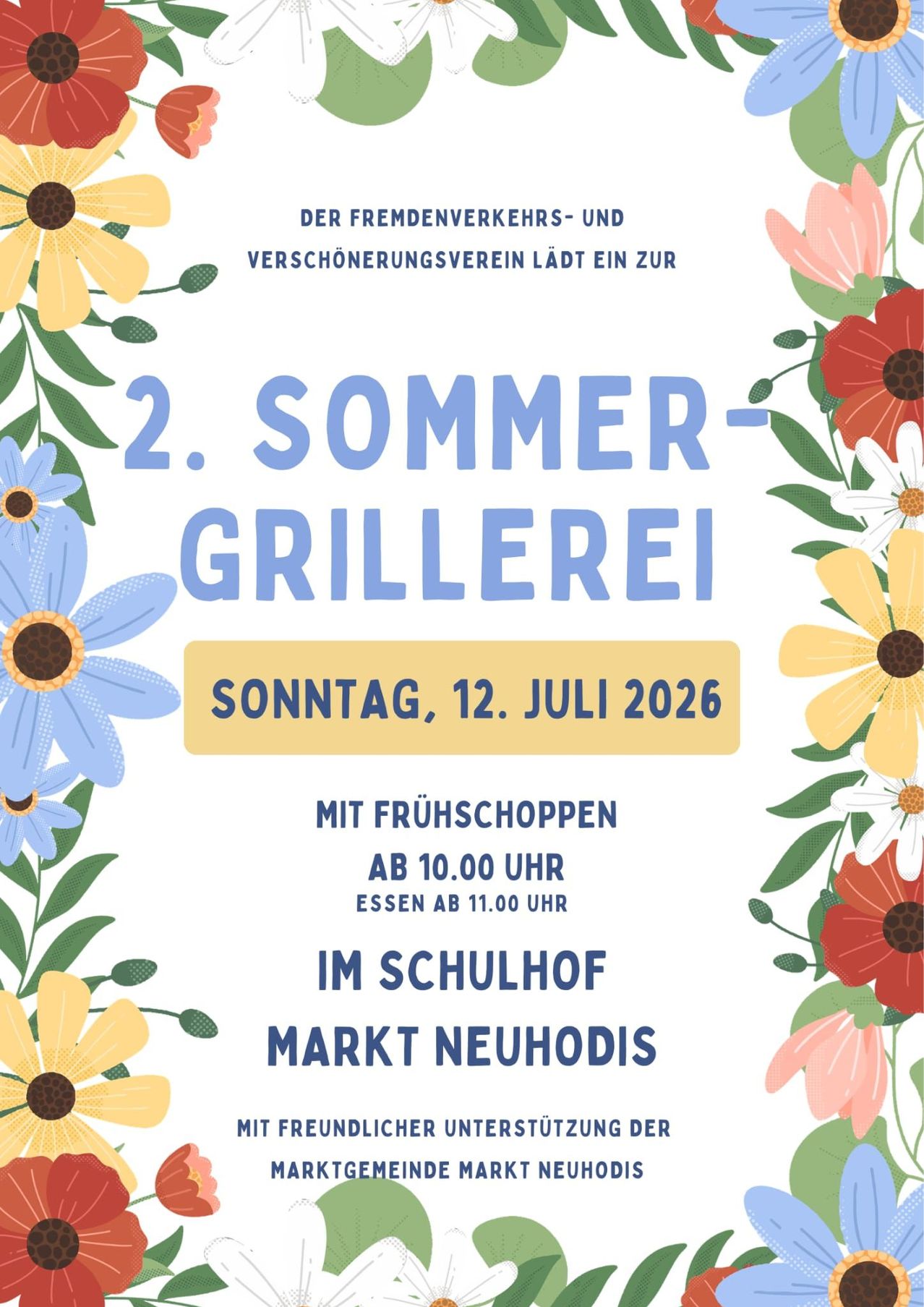 Plakat für die 2. Sommer-Grillerei am 12. Juli 2026, veranstaltet vom Fremdenverkehrs- und Verschönerungsverein. Frühstück beginnt um 10:00 Uhr und das Essen um 11:00 Uhr im Schulhof Neuhodis.