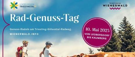 Plakat für den Rad-Genuss-Tag am Triesting-Gölsental-Radweg mit zwei Radfahrern, Kühen und einer landschaftlichen Szenerie.