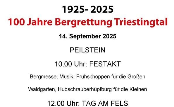 Plakat für das 100-Jahre-Bergrettung-Triestringtal-Event am 14. September 2025. Zeigt Logo, Datum, Ort, Zeitplan und Aktivitäten.
