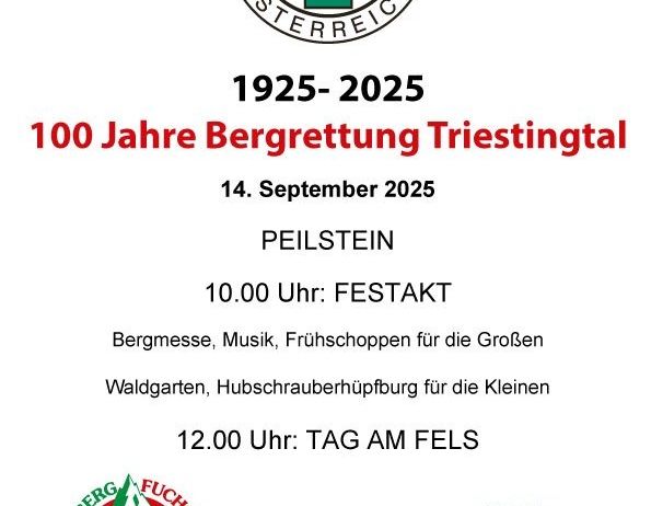 Plakat für das 100-Jahre-Bergrettung-Triestringtal-Event am 14. September 2025. Zeigt Logo, Datum, Ort, Zeitplan und Aktivitäten.