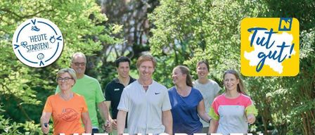 Ein Plakat zur Förderung eines Gesundheitsprogramms in Pottenstein. Es zeigt Menschen beim Gehen und ermutigt zum Gehen als kalorienverbrennende Aktivität. Details umfassen Datum, Ort und Kontaktperson.