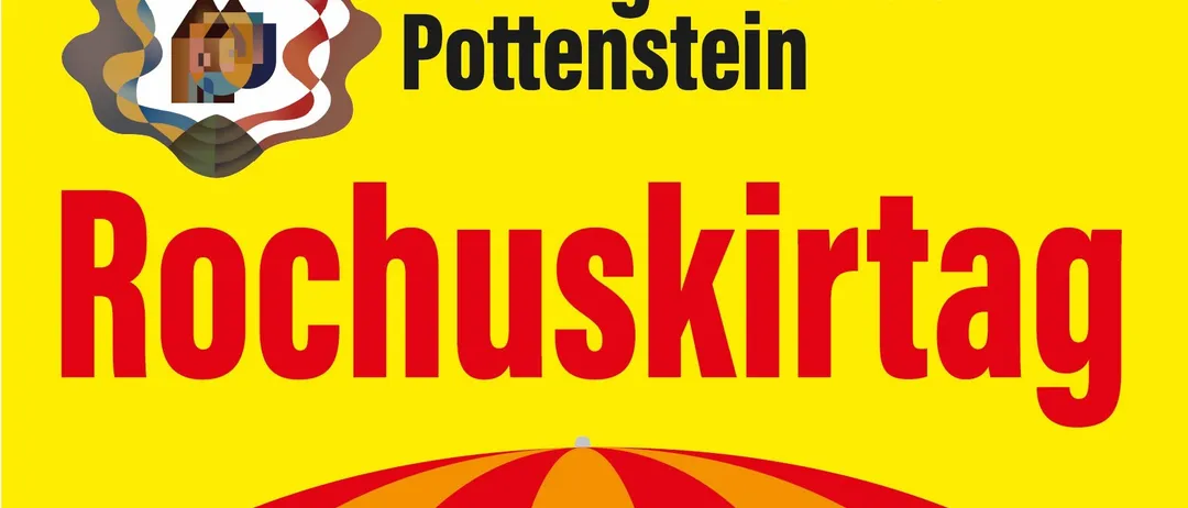 Ein gelbes Plakat mit einem roten Schirm in der unteren Ecke. Es steht 'Marktgemeinde Pottenstein' und 'Hochuskirta' in Rot. Ein Schlosslogo ist oben links.