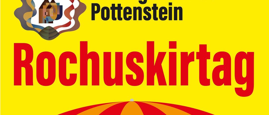 Ein gelbes Plakat mit einem roten Schirm in der unteren Ecke. Es steht 'Marktgemeinde Pottenstein' und 'Hochuskirta' in Rot. Ein Schlosslogo ist oben links.