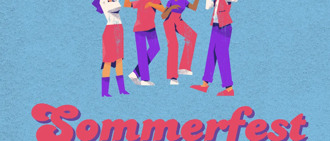 Ein Plakat für Fanz Saul Sommerfest am 4. Juli 2026 von 12:00 bis 22:00 Uhr im Theaterpark Berndorf, mit tanzenden Menschen und einer Discokugel.