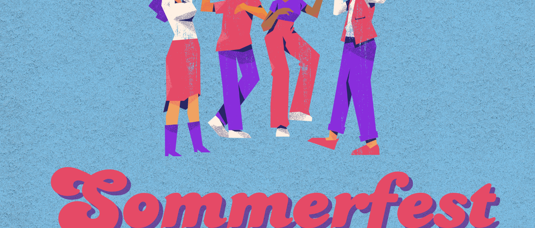 Ein Plakat für Fanz Saul Sommerfest am 4. Juli 2026 von 12:00 bis 22:00 Uhr im Theaterpark Berndorf, mit tanzenden Menschen und einer Discokugel.