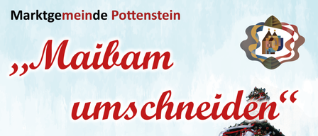 Plakat für das 'Unschneiden'-Event am 5. September auf dem Hauptplatz. Es zeigt eine Säge, die einen Kranz auf einem mit Bändern geschmückten Pfahl schneidet. Das Event beinhaltet die Ehrung verdienter Bürger um 11:00 und das feierliche Durchsägen um 12:00.