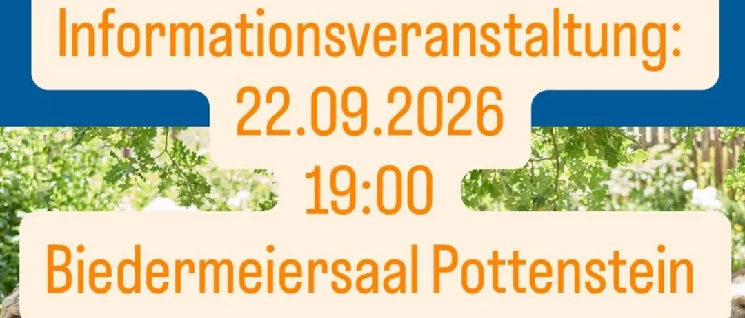 Plakat für eine Informationsveranstaltung an der Volksschule Pottenstein am 22.09.2026 um 19:00 Uhr. Die Veranstaltung findet im Biedermeiersaal Pottenstein statt.
