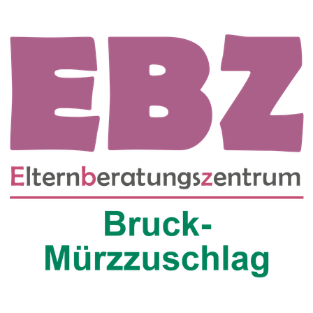 Ein Werbebild für EBz, ein Beratungszentrum für Eltern, mit einem rosa EBz-Logo auf schwarzem Hintergrund, darunter 'Elternberatungszentrum' und 'Bruch-Mürzzuschlag' in Grün.