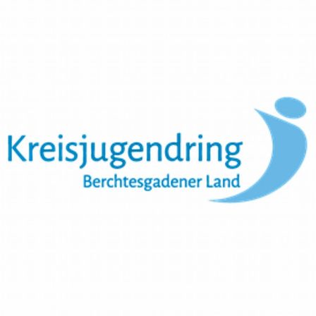 Das Logo des Kreisjugendring Berchtesgadener Land wird auf einem weißen Hintergrund angezeigt. Der Text 'Kreisjugendring' ist in Blau geschrieben, und 'Berchtesgadener Land' steht in kleinerer blauer Schrift darunter. Eine blaue Silhouette einer Person ist rechts neben dem Text platziert.