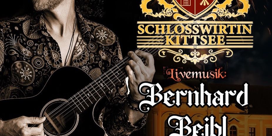 Ein Mann mit einem Bandana spielt eine Gitarre bei Schlosswirtin Kitsee. Die Veranstaltung mit Bernhard Beibl, auch bekannt als 'Die Freunde des Japaners 1/2'. Das Plakat enthält ein Logo mit einem Wappen und zwei Löwen.