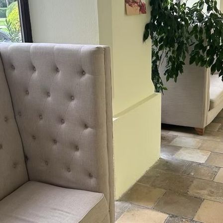 Ein Innenraum mit einem Sofa, einer Pflanze und einem Fenster mit Blick auf Bäume und Gras.