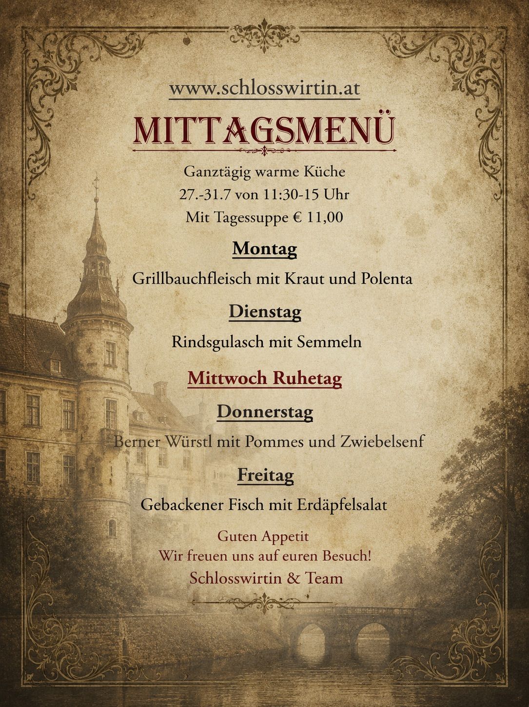 Ein altmodisches Menü-Poster für Schlosswirtin mit einer Burg im Hintergrund, täglichen Essensoptionen und einer Website-Adresse.