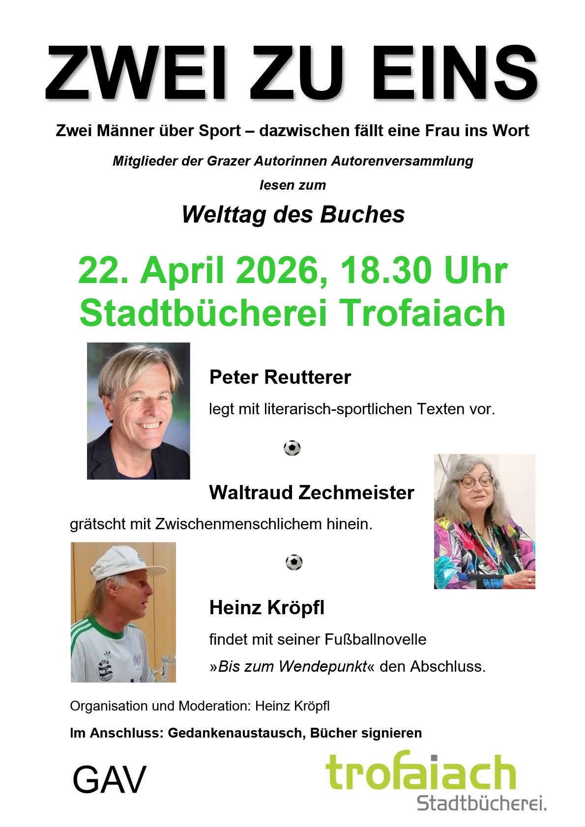 Ein Plakat für den Welttag des Buches, das zwei Männer zeigt, die literarische Sporttexte lesen. Das Event findet am 22. April 2026 um 18:30 Uhr in der Stadtbibliothek Trofaiach statt.