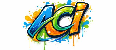 Das Wort ACI ist künstlerisch mit leuchtenden Farben und Spritzern auf weißem Hintergrund dargestellt. Die Buchstaben sind in Graffiti-Art gestylt, mit blauen, grünen und orangefarbenen Farbtönen.