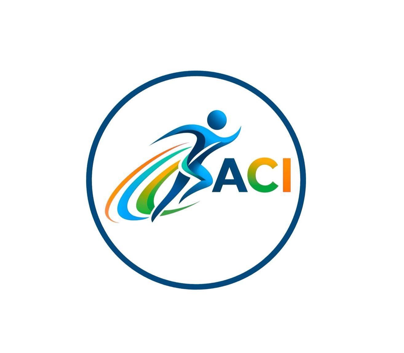 Ein kreisförmiges Logo mit einer stilisierten Figur, die mit farbigen Linien läuft, dem Wort ACI in fetten Buchstaben und dem Design, das von einem blauen Rand auf weißem Hintergrund umschlossen ist.