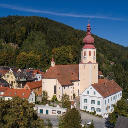 Ein Luftbild eines Dorfes mit einer Kirche und rot gedeckten Häusern, umgeben von Bäumen und Bergen unter einem klaren blauen Himmel.