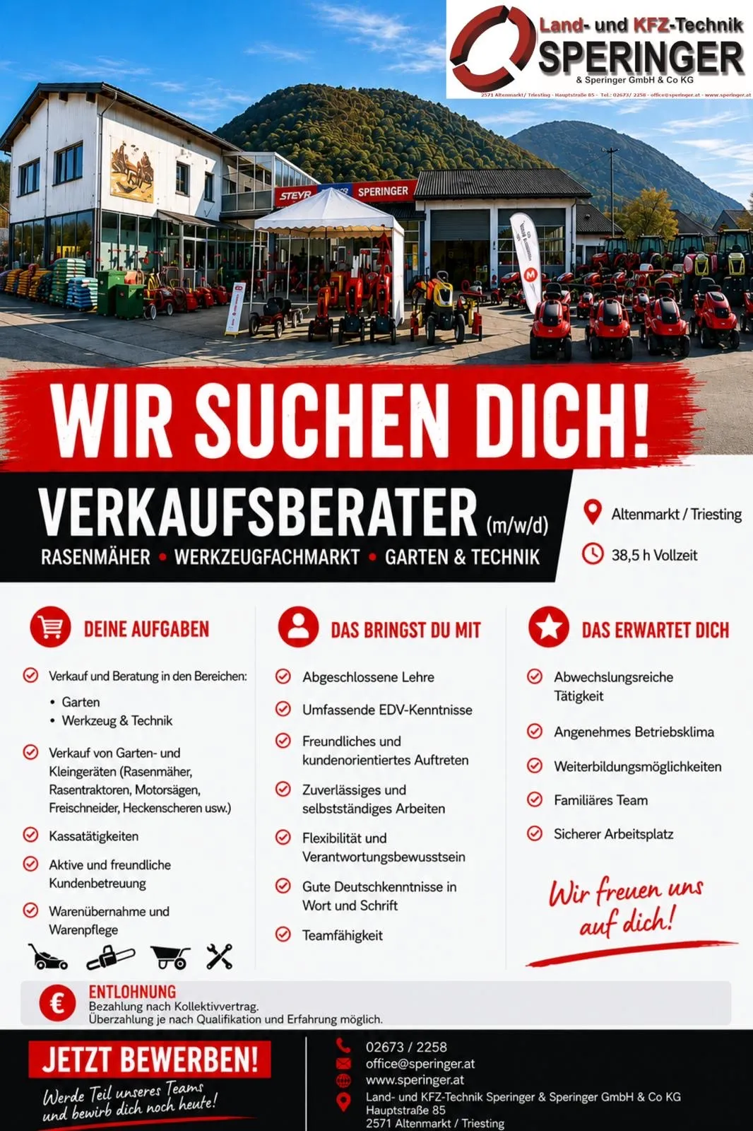 Ein Werbeplakat für eine Verkaufsberaterstelle bei Rasenmäher Werkzeugfachmarkt Garten & Technik. Es zeigt Traktoren, ein Gebäude und verschiedene Werkzeuge. Anforderungen umfassen eine abgeschlossene Lehre, umfassende EDV-Kenntnisse und eine freundliche, kundenorientierte Arbeitsweise. Vorteile sind ein sicherer Arbeitsplatz, flexible Arbeitszeiten und Teamführung.