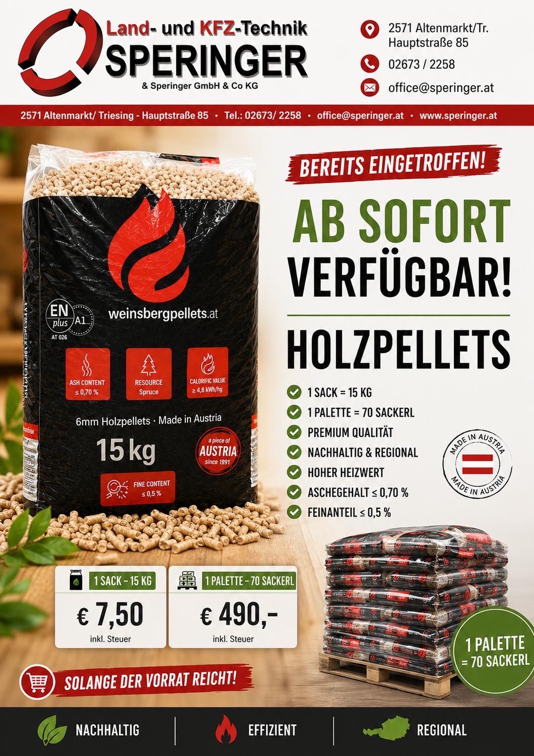 Aktion für in Österreich hergestellte Holzpellets. 15 kg-Beutel, Preis 7,50 Euro. Aschegehalt 0,70%, Feinanteil 0,5%. Hoher Heizwert, Premium-Qualität, nachhaltig. Hergestellt in Österreich.
