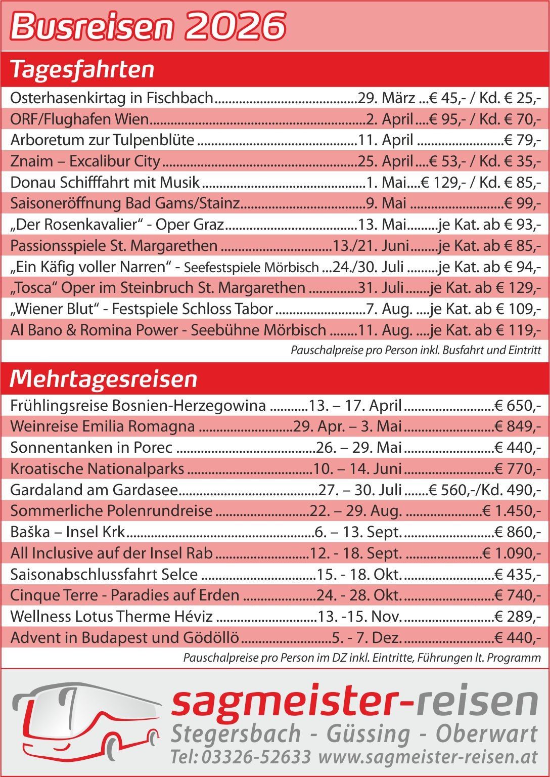 Das Bild listet Reisepakete mit Terminen, Orten und Preisen auf. Es umfasst Reisen nach Wien, St. Margarethen und verschiedene europäische Ziele. Preise werden für Erwachsene und Kinder angegeben.