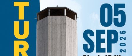 Poster for the Turmlauf event on September 2026, featuring a person running up a spiral staircase. The poster includes details such as the start time, ticket prices, and contact information.