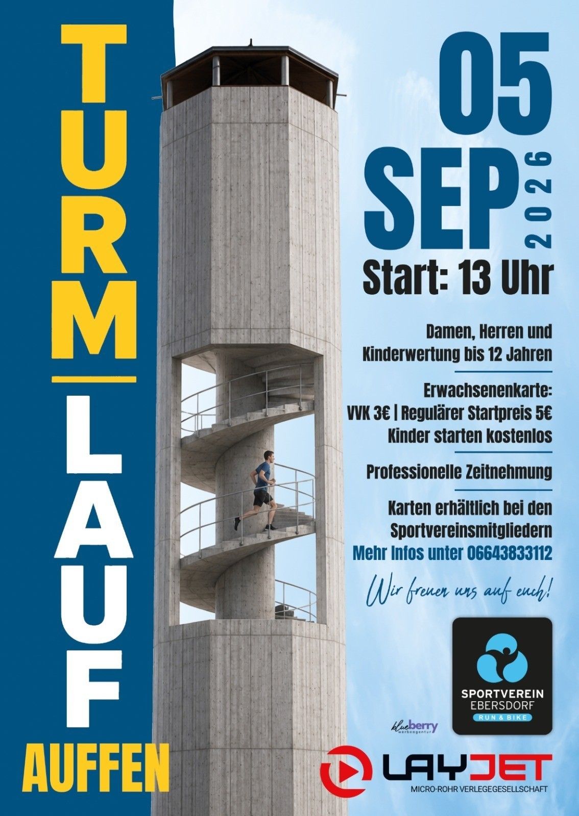 Ein Werbeplakat für das Turmlauf-Event am 3. September 2026, das einen Läufer zeigt, der eine Wendeltreppe erklimmt. Das Plakat enthält Informationen zum Startzeitpunkt, Ticketpreisen und Kontaktdetails.