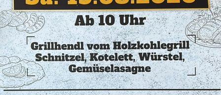 Plakat für ein Grillfest bei Dorffest Großhart am 15. August 2026, Beginn um 10 Uhr. Bietet gegrillte Speisen wie Schnitzel, Kotelett, Wurstel und Gemüselasagne.