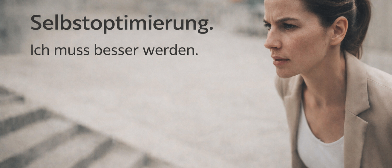 Eine Frau mit nachdenklichem Gesichtsausdruck steht in der Nähe von Treppen, mit einem unscharfen Hintergrund. Der Text 'stopoptimierung' und 'muss besser werden' ist über ihr angezeigt. 'HARMONIA' und 'Sigurd' erscheinen unten rechts.