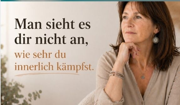 Eine Frau sitzt nachdenklich mit der Hand am Kinn. Hinter ihr steht ein Zitat auf Deutsch: 'Man sieht es dir nicht an, wie sehr du innerlich kämpfst.'