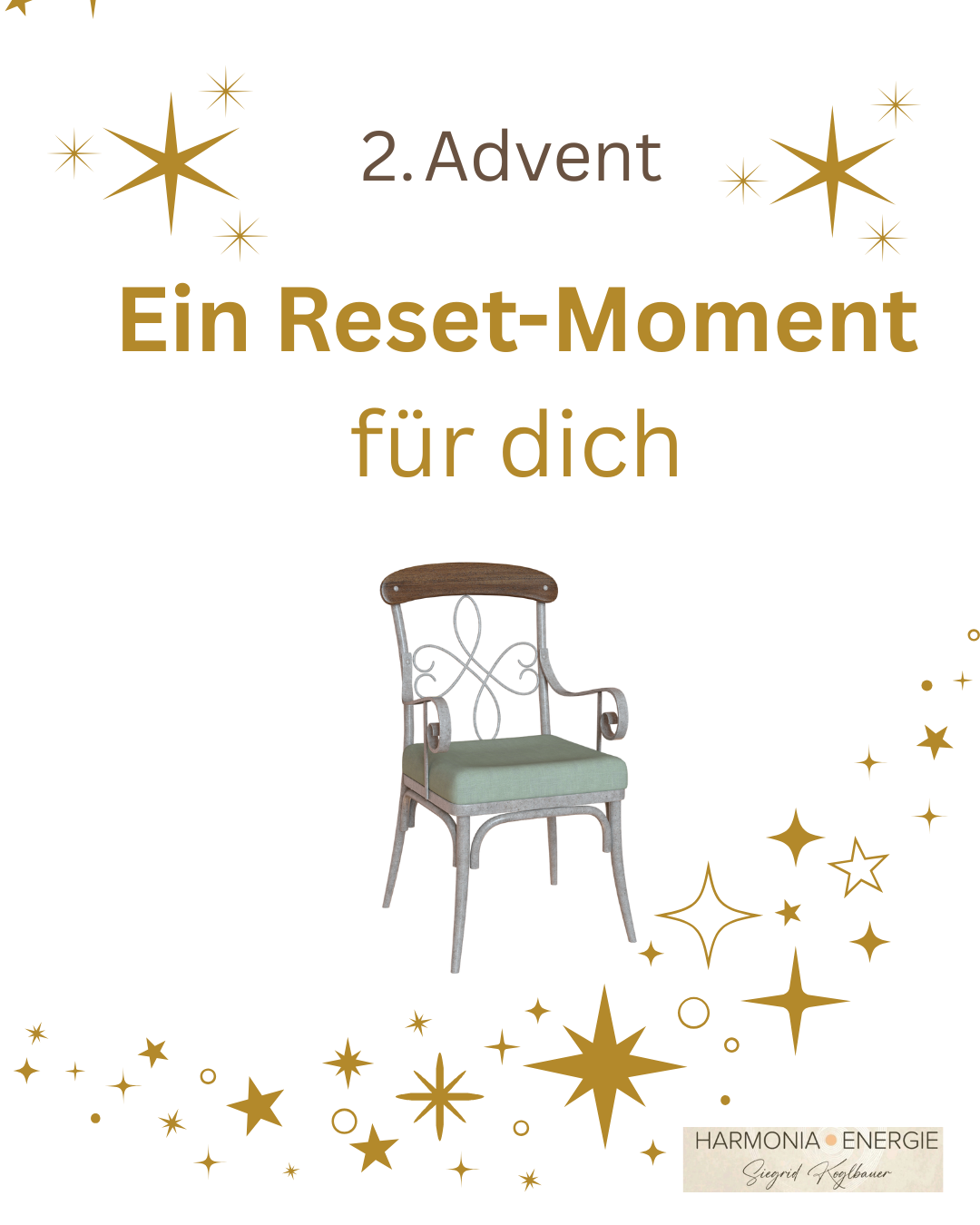 A chair with a green seat and silver frame stands on a white background with stars. The text '2. Advent Ein Reset-Moment fur dich' is written in gold.