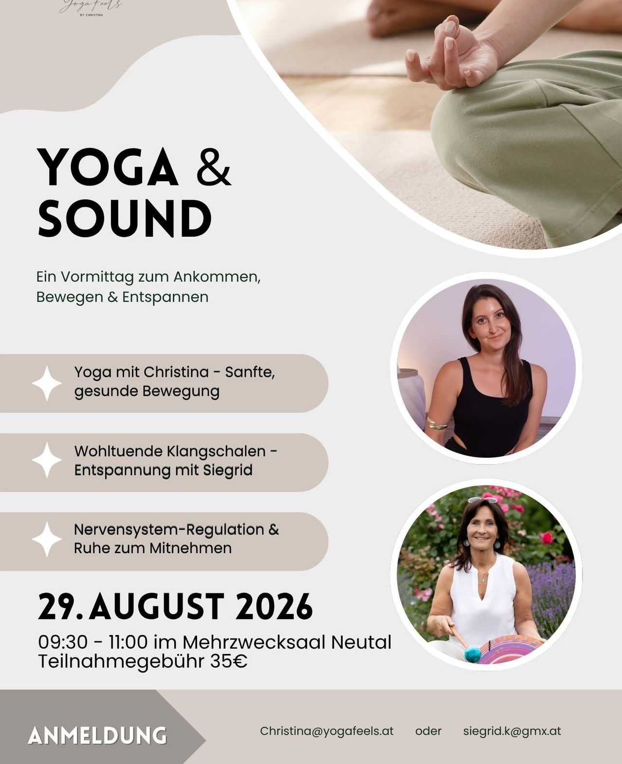 Ein Plakat für ein Yoga- und Klangevent am 29. August 2026, mit zwei Frauen, eine in einem schwarzen Tanktop und die andere in einem weißen ärmellosen Top, beide lächelnd und halten ein Gong. Das Event verspricht Yoga mit Christina, wohltuende Klangschalen und Nervensystem-Regulation.