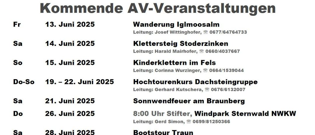 Das Bild zeigt bevorstehende AV-Veranstaltungen in Iglmoos, Österreich. Die Termine reichen vom 13. Juni bis zum 6. Juli 2025. Aktivitäten umfassen Wandern, Klettern und Touren. Leiter und Kontaktinformationen sind angegeben.