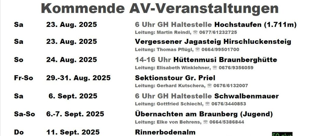 Berge unter einem bewölkten Himmel. Kommende AV-Veranstaltungen. Termine und Leiter für Wanderungen. Anmeldung online.