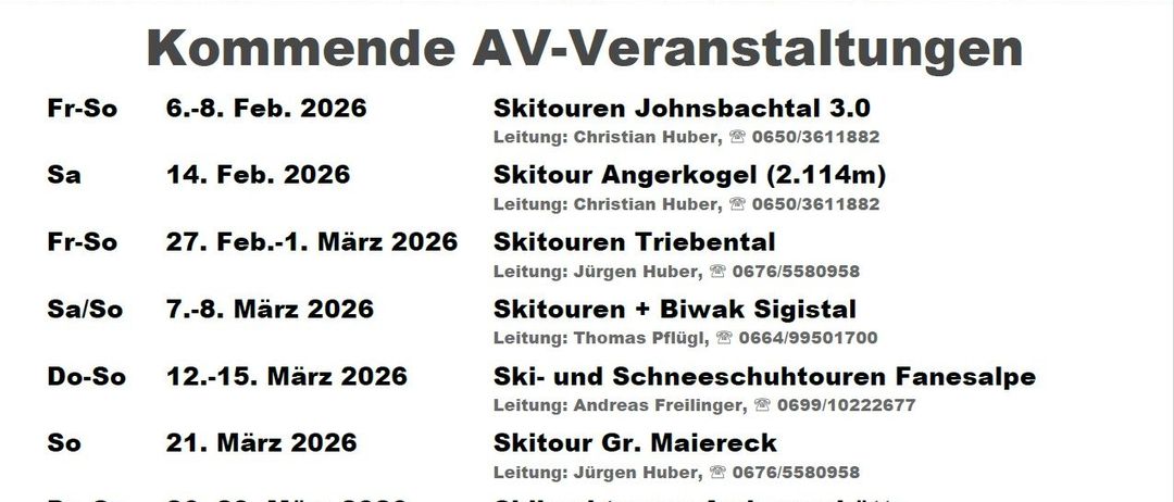 Flyer für alpine Veranstaltungen mit Terminen und Veranstaltungsnamen wie 'Skitouren Johnsbachtal 3.0' und 'Skihochtouren Amberghütte', sowie Namen und Kontaktnummern der Leiter. Erwähnt wird auch das 100-jährige Jubiläum des Alpenvereins Freistadt.