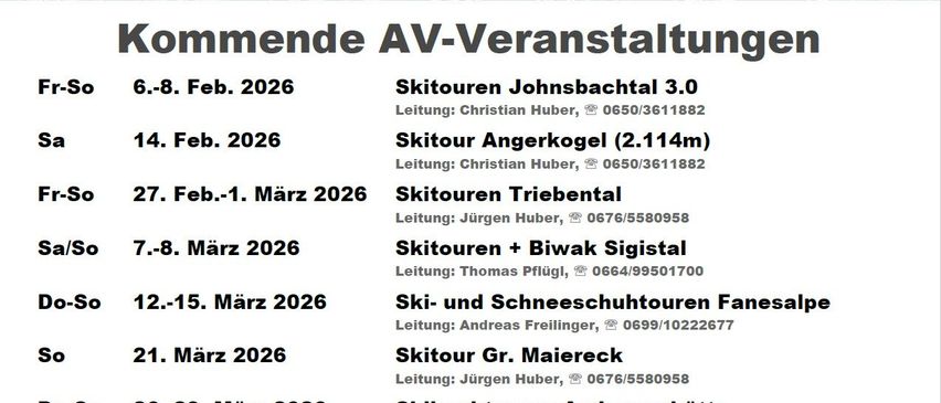 Flyer für alpine Veranstaltungen mit Terminen und Veranstaltungsnamen wie 'Skitouren Johnsbachtal 3.0' und 'Skihochtouren Amberghütte', sowie Namen und Kontaktnummern der Leiter. Erwähnt wird auch das 100-jährige Jubiläum des Alpenvereins Freistadt.