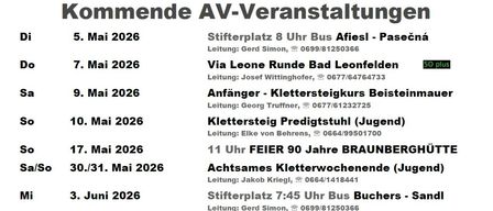 Eine Ankündigung bevorstehender AV-Veranstaltungen in den deutschen Alpen. Daten und Orte sind aufgeführt mit Kontaktinformationen für jede Veranstaltung.