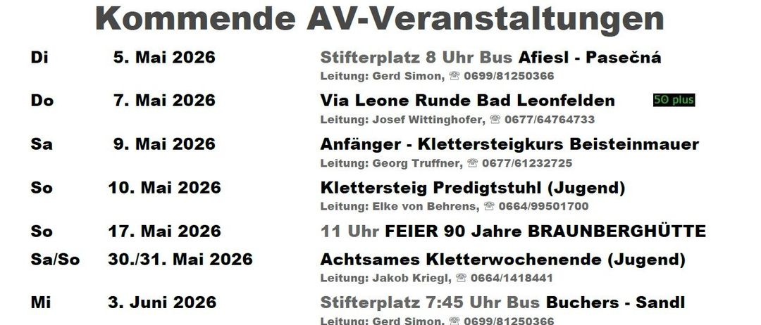 Eine Ankündigung bevorstehender AV-Veranstaltungen in den deutschen Alpen. Daten und Orte sind aufgeführt mit Kontaktinformationen für jede Veranstaltung.